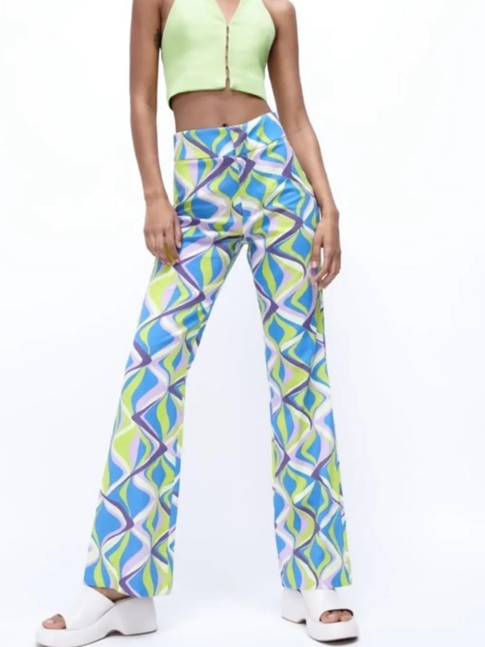 Zara Linen Blend Flared High Rise Pants Multicolor Geometric Print Sz Med